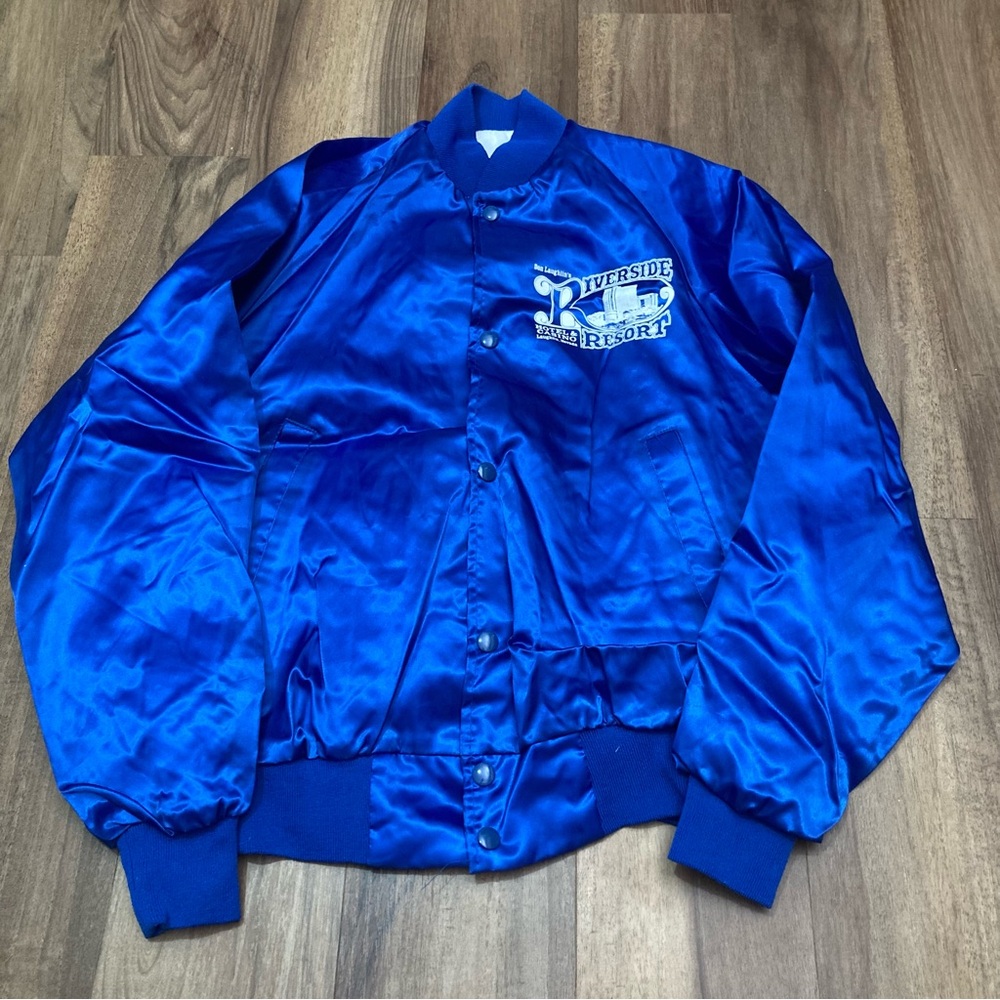 Vintage 80s Royal Blue Satin Riverside Resort Casino Jacket Las Vegas Tourist